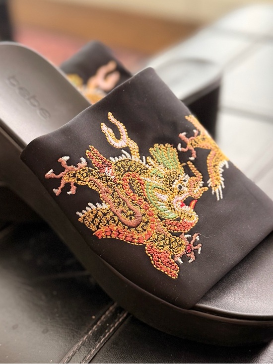bebe Shoes - ***VINTAGE***  Y2K bebe Embroidered Dragon Platform Slide Sandals Size 9